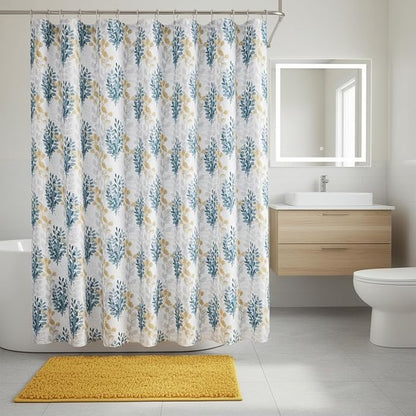 Serafina Home Hotel Quality Fabric Bathroom Shower Curtain: Floral Leaf Damask - Blue, Teal, Yellow, Grey and White (72 x 70 inches)