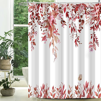 Red Floral Eucalyptus Shower Curtain with Hooks, 72x72 Inch | Waterproof Fabric, Watercolor Leaves and Floral, Botanical Style, Machine Washable, Quick-Drying, for Hotel Bathroom
