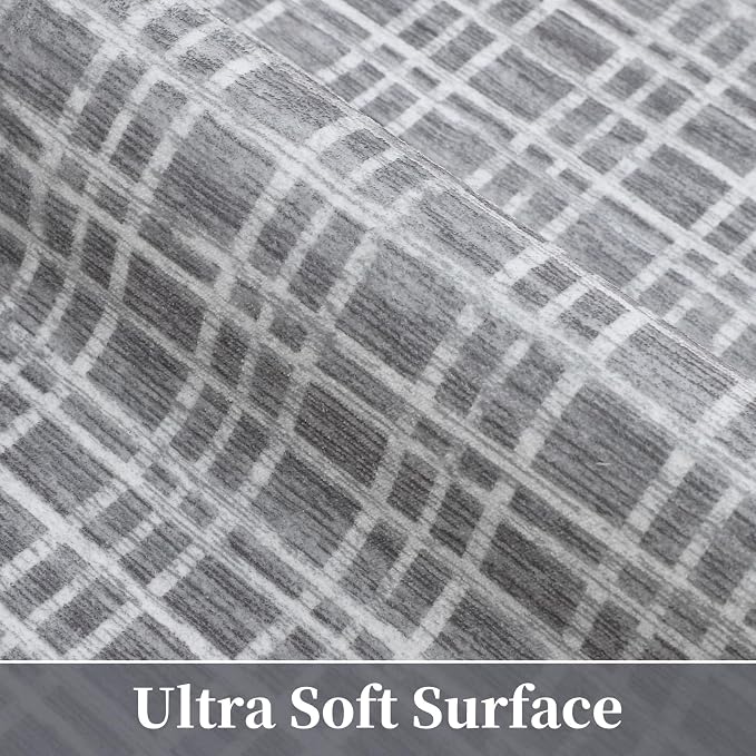 Washable Area Rug 9x12 Rug for Living Room Modern Geometric Large Area Rug for Bedroom Decor Plaid Grid Rug Non Slip Throw Rugs Low Pile Stain Resistant Carpet for Dining Room 9'x12' Grey