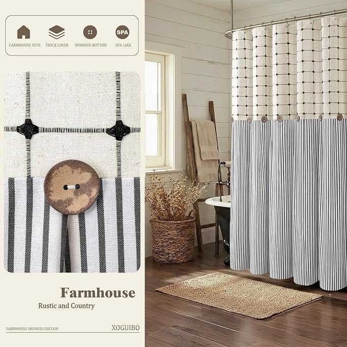 Farmhouse Shower Curtain Button Plaid-Beige-Black Stripe 72"W x 72"L | Farmhouse Style, Chic Button, Striped, Linen Fabric, Rustic, Country, Natural Look, Washable, for Bathroom Bathtub