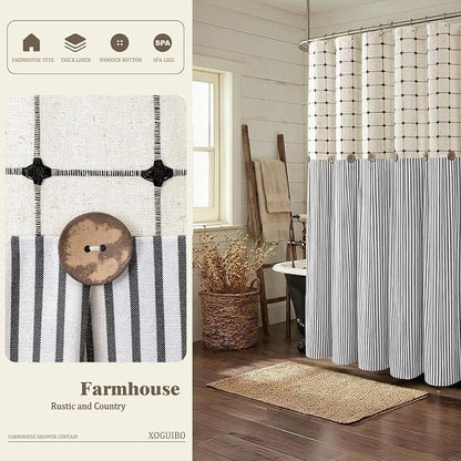 Farmhouse Shower Curtain Button Plaid-Beige-Black Stripe 72"W x 72"L | Farmhouse Style, Chic Button, Striped, Linen Fabric, Rustic, Country, Natural Look, Washable, for Bathroom Bathtub