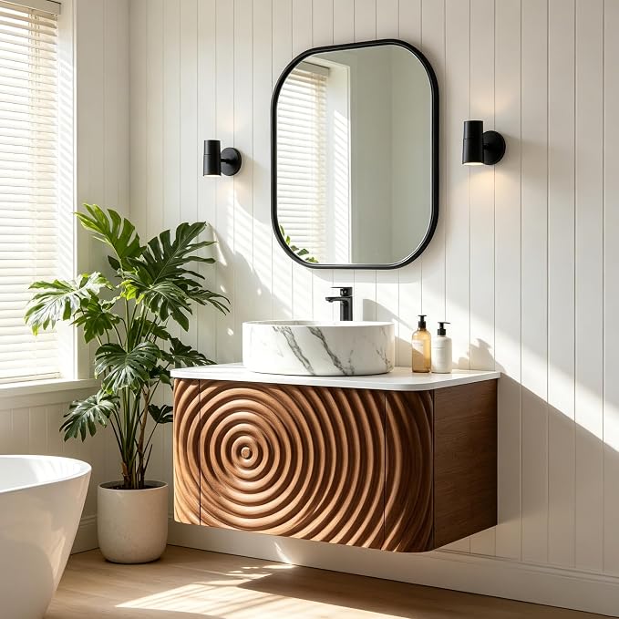 24" Floating Bathroom Vanity with Sink, Mid-Century Wall Mounted Bathroom Vanity Cabinet with Waved Decor, Marble Ceramic Basin, Sintered Stone Top, Soft Close Storage Drawer, Natural