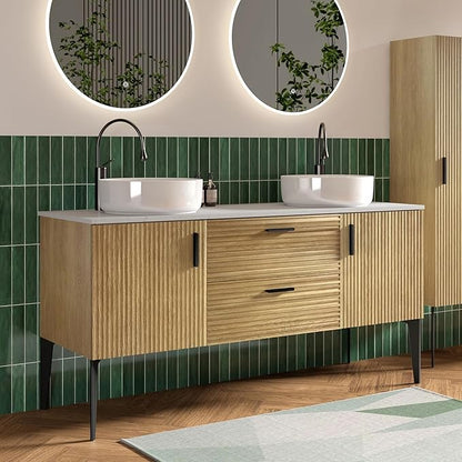 60" Bathroom Vanity with Double Sink, Modern Double Ceramic Vessel Sink Bathroom Vanity with Soft-Closing Drawers & Doors, Engineered Stone Countertop, Natural Oak