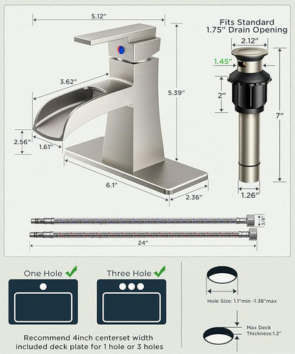 FORIOUS Brushed Nickel Bathroom Faucet 1 or 3 Holes, Vanity Faucet Single Handle with Pop-Up Drain and Water Supplies for Commercial, Lavatory, Restroom, Farmhouse