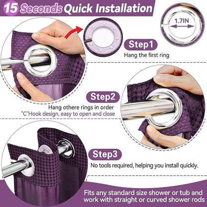 Conbo Mio No Hook Waffle Weave Shower Curtain with Snap in Liner Set, Hotel Luxury Purple Shower Curtains for Bathroom with See Through Top Window, Waterproof, Washable 71W x 74H