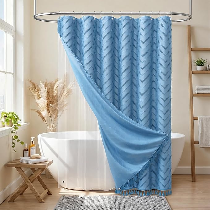 Dynamene Extra Long Shower Curtain and Liner Set - 84 inch Tall Shower Curtain and Waterproof Clear Liner, Tufted Chevron Striped Tassel Shower Curtains for Bathroom, 12 Hooks, 72x84, Moonlight Blue