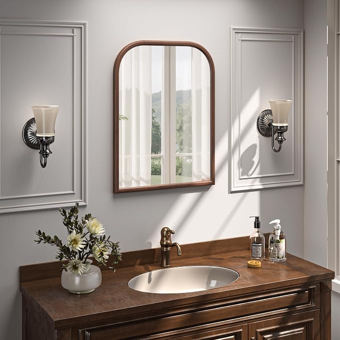 24"x32" Arch Wall Mirror for Wall, Wall Mounted Vanity Mirror for Bedroom, Wood Grain Finish Frame Mirror with Tempered Glass, Vintage Decorative for Bathroom, Entryway, Living Room, Walnut