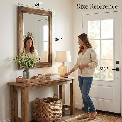 Rustic Brown 24x36 Inch Wood Bathroom Vanity Mirror, Rivets | Farmhouse style, beveled glass edge, rich weathered grain, single-sink bathrooms, hallways and cabin interiors