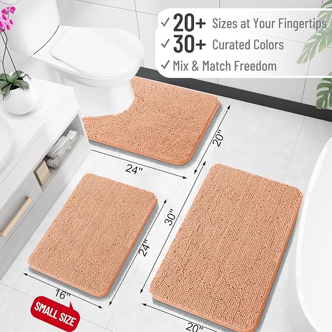 OLANLY Bathroom Rugs 35x24, Extra Soft Absorbent Chenille Bath Rugs | Peach, Quick-Drying Rubber Backing, Machine Washable Bath Mat for Bathroom Floor, Tub and Shower, Home Decor Accessories