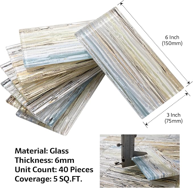 Glass Subway Tile, 3x6 Inch Glass Tile for Kitchen Backsplash Bathroom Shower Wall Sunshine Beach (40 Pcs 5 sq.ft)