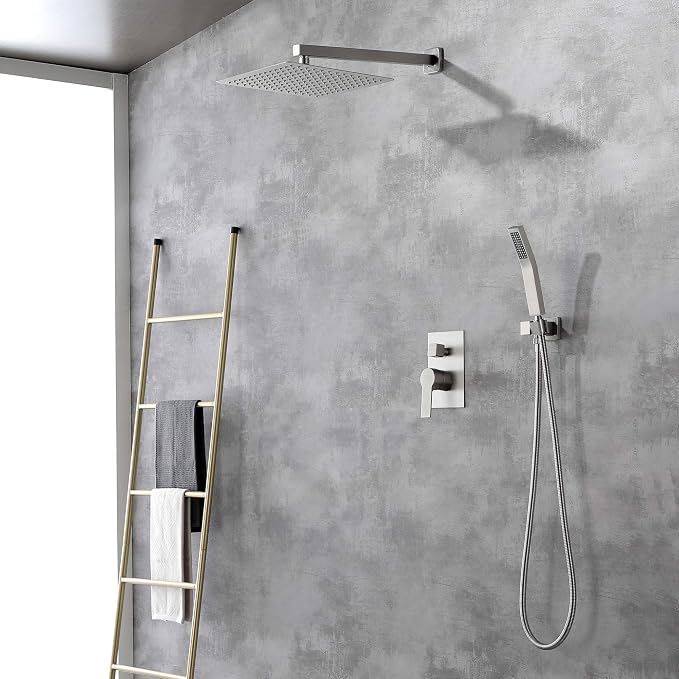 SHAMANDA Bathroom Rain Shower System, 12 Inch Luxuly Shower Head and Handheld Shower Faucet Combo Set Brushed Nickel(Including Rough-In Valve Body and Trim), Wall Mount, L7001-2