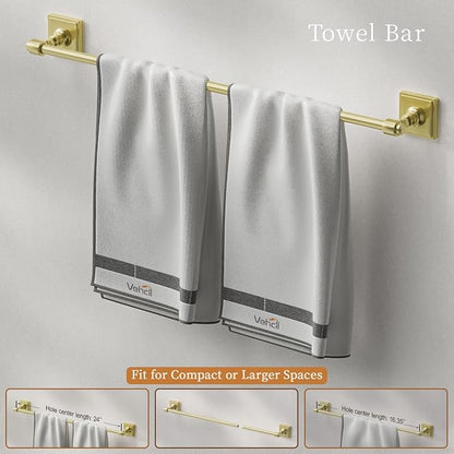 VEHCIL Brushed Gold Bathroom Towel Bar Set, 5 Piece Bathroom Hardware Accessory Set, SUS304 Stainless Steel 24" Towel Rack Holder Set for Bathroom, Wall Mounted