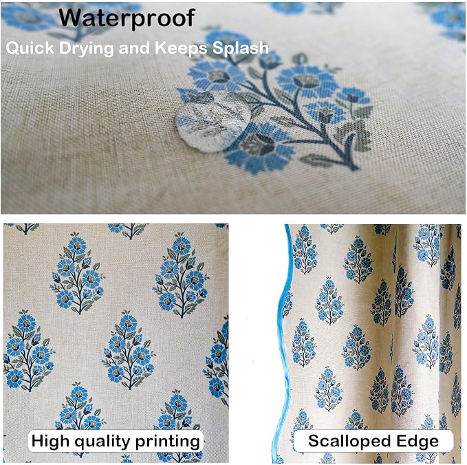 Boomkin Block Print Scalloped Shower Curtain Set with 12 Hooks | Grandmillennial Shower Curtain Linen Textured Cottage Core Floral Bathroom Curtain for Vintage Farmhouse Bathroom 72 x 72 Inc