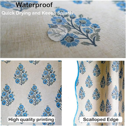 Boomkin Block Print Scalloped Shower Curtain Set with 12 Hooks | Grandmillennial Shower Curtain Linen Textured Cottage Core Floral Bathroom Curtain for Vintage Farmhouse Bathroom 72 x 72 Inc