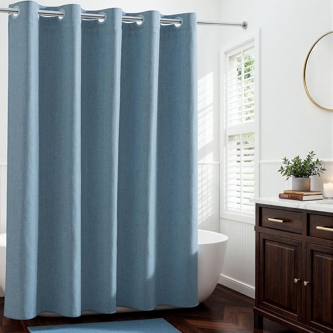 River Dream Linen Textured No Hooks Shower Curtain with Liner,Blue,71x74 | with Snap-in Liner,Heavy Duty Fabric,Quick Dry,Bottom Magnets,Water-Repellent,Washable,Farmhouse Bathroom Set