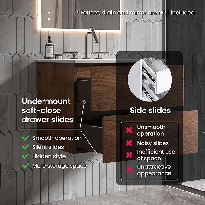 24" Bathroom Vanity with Sink, Modern Floating Vanity with Double Soft Closing Drawers, Large Storage for Small Space, Walnut, Fully Assembled - Iris Collection