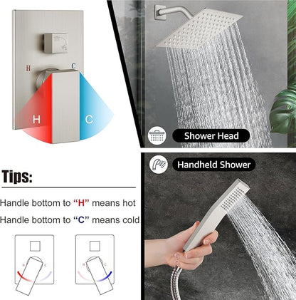 Midanya Shower Faucet Set,Wall Mount Shower System with Square Rain Shower Head and Hand Sprayer, Rough-in Valve Body and Trim Kit Included,8 Inch,Brushed Nickel