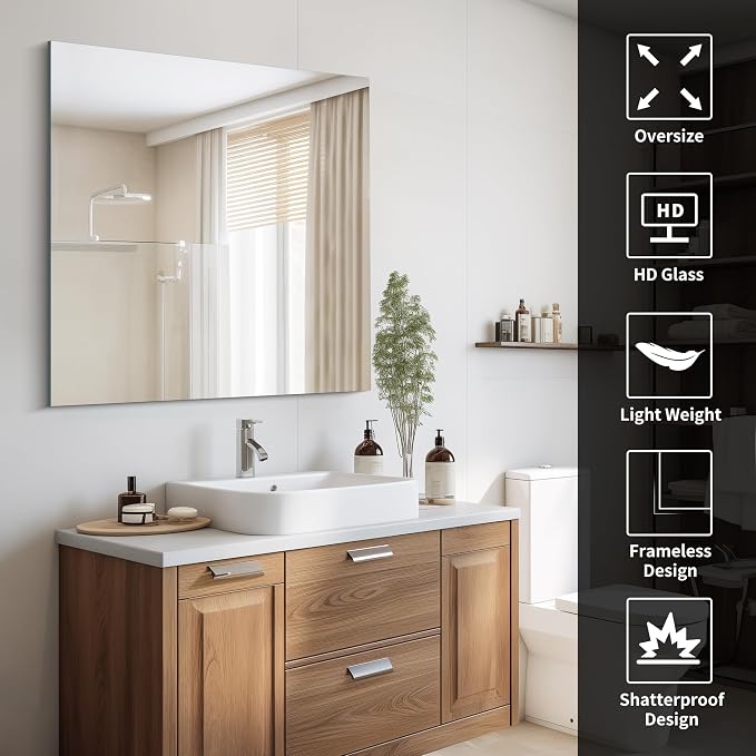 CILIBER Frameless Mirror, 36x36 Square Bathroom Mirrors for Wall, Large Frameless Vanity Mirror Over Sink with Polished Edge, 3mm Tempered Glass, Decorative for Bathroom, Bedroom and Living Room