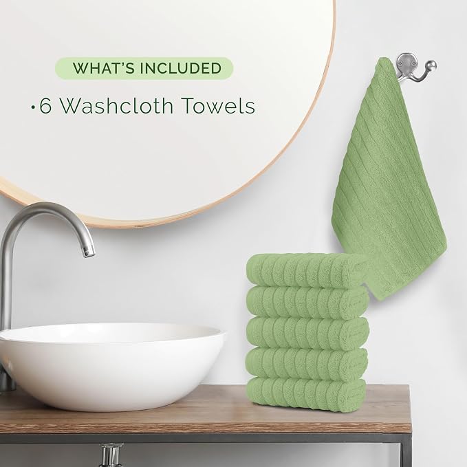 Elegant Comfort 100% Turkish Cotton Corduroy Ribbed Luxury Washcloths 6 Pack Soft 13 x 13 Inch - Higly Absorbent, Durable, Quick Dry, Spa Premium Hotel Quality for Bathroom or Travel, Sage