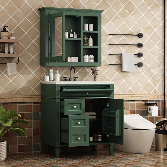 Merax 30 Inch Bathroom Vanity with Sink Set, Modern Bathroom Vanity Storage Cabinet with Matching Mirror Medicine Cabinet, Solid Wood Frame，Painted Finish, 2 Drawers and 1 Tip-Out Drawer, Green