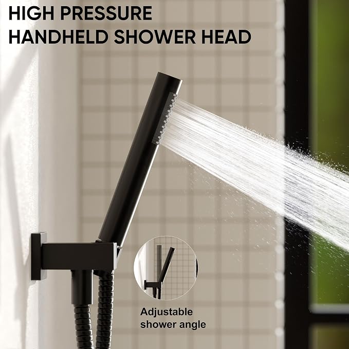 Esnbia Thermostatic Black Shower System, All Metal Shower Faucet Set with 10 Inches Rain Shower Head, Rainfall Shower Heads with Handheld Spray Combo，Anti-Scald Shower Combo Set, Matte Black