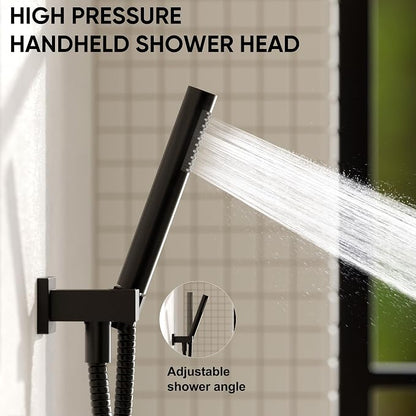 Esnbia Thermostatic Black Shower System, All Metal Shower Faucet Set with 10 Inches Rain Shower Head, Rainfall Shower Heads with Handheld Spray Combo，Anti-Scald Shower Combo Set, Matte Black