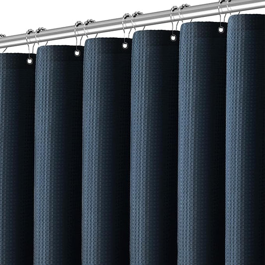 Blue Shower Curtain 256GSM Waffle Shower Curtain Heavy Duty for Bathroom, Water Repellent Weighted Hotel Quality Polyester Bath Curtain Set with 12 Metal Hooks, 72Wx72H Navy