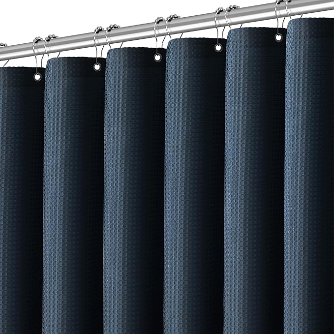 Long Blue Shower Curtains for Bathroom Waffle Weave 84 Inches Length Heavy Duty Fabric Navy Shower Curtain, 256GSM Waterproof Luxury Shower Curtain with 12 Hooks, 72Wx84H Navy Blue