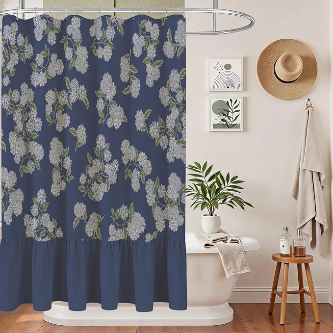 ORTIGIA Linen Textured Ruffle Shower Curtain with Metal Hooks, Vintage Navy Blue Hydrangea Floral Boho Waterproof Bath Curtain for Rustic Farmhouse Bathroom Decor 72x72 Inch