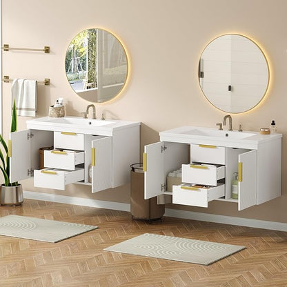 72'' Wall Mounted Bathroom Vanity, Floating Storage Vanity Cabinet with 2 Drawers and Shelves, Solid Wood Bathroom Cabinet, White