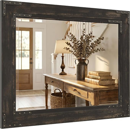 Rustic Black 30x40 Inch Wood Bathroom Vanity Mirror, Rivets | Industrial farmhouse, dark charcoal grain, larger vanities, mantels, living rooms and entry consoles