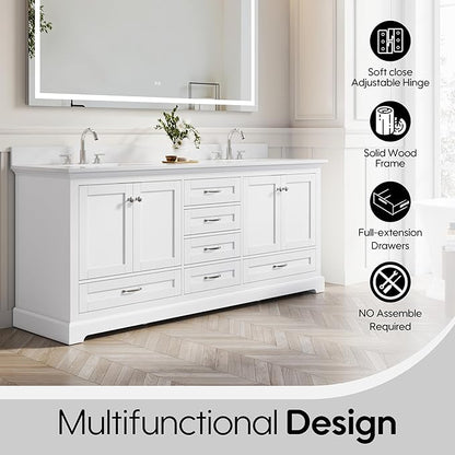 WELLFOR 80 Inch Bathroom Vanity with Double Sinks, Solid Wood Bathroom Vanity W/4 Soft-Close Doors and 6 Drawers, Cultured Marble Countertop Bathroom Vanities W/Sinks, White