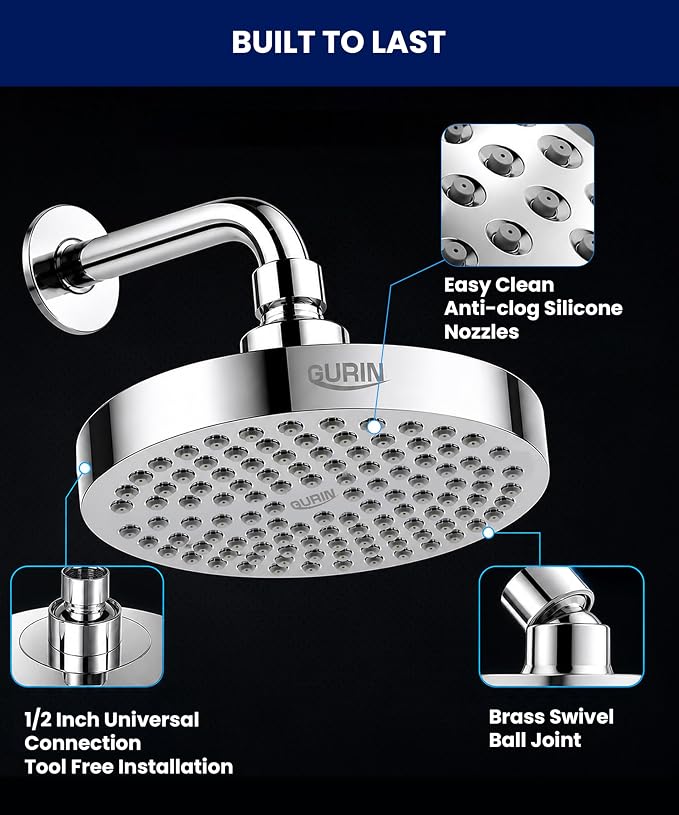 GURIN Shower Head - Premium Polished Chrome Finish - Rain Showerhead 6 Inch | High Pressure Shower Heads with Adjustable Angles, 90 Anti-Clog Nozzles, Tool-Free 1-Min Install