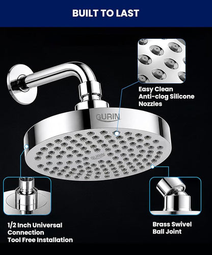 GURIN Shower Head - Premium Polished Chrome Finish - Rain Showerhead 6 Inch | High Pressure Shower Heads with Adjustable Angles, 90 Anti-Clog Nozzles, Tool-Free 1-Min Install