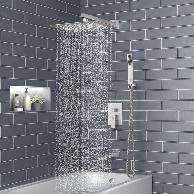 SR SUN RISE 12 Inches All Metal Square Shower System with Tub Spout, Tub Shower Faucet Set, High Pressure Rain Shower Head and Handheld Sprayer Combo Shower Fixtues, Valve Included, Brushed Nickel