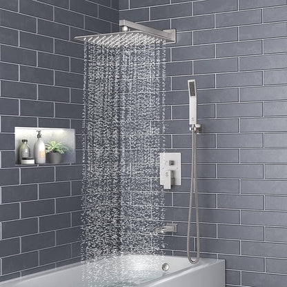 SR SUN RISE 12 Inches All Metal Square Shower System with Tub Spout, Tub Shower Faucet Set, High Pressure Rain Shower Head and Handheld Sprayer Combo Shower Fixtues, Valve Included, Brushed Nickel