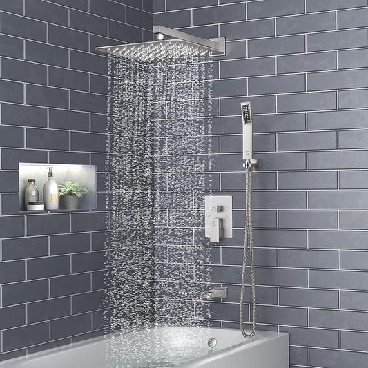 SR SUN RISE 12 Inches All Metal Square Shower System with Tub Spout, Tub Shower Faucet Set, High Pressure Rain Shower Head and Handheld Sprayer Combo Shower Fixtues, Valve Included, Brushed Nickel