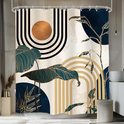 Glawry Blue Abstract Mid Century Shower Curtain Boho Retro Tropical Palm Tree Modern Sun Arch Bathroom Aesthetic Geometric 72Wx72L Inches Bath Accessories Art Home Decor Fabric 12 Pack Hooks