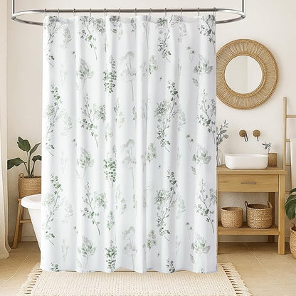 78 Inch Shower Curtain, Boho Floral Waterproof Fabric Shower Curtains for Bathroom with Hooks, Sage Green and White, 72x78 in Long
