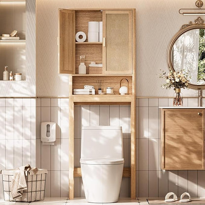 Over the Toilet Storage Cabinet, Bathroom Storage Cabinet with Rattan Doors, Bathroom Cabinet Over Toilet with Adjustable Shelf, Tall Freestanding Over Toilet Bathroom Organizer, Boho Natural Style