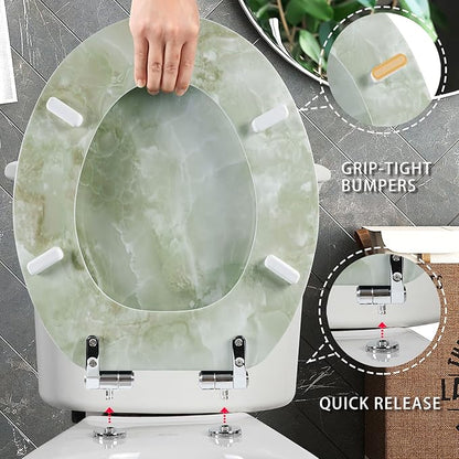 Angel Shield Marble Toilet Seat Durable Molded Wood with Quiet Close, Easy Clean, Quick-Release Hinges Elongated Toilet Seat (Elongated, Green Marble)