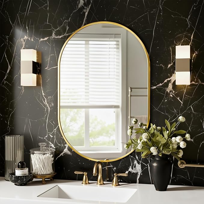 Oval Bathroom Mirror for Wall, 20"x30" Gold Bathroom Vanity Mirror | HD Shatterproof Glass, Metal Framed, Oval Vanity Mirrors for Bathroom, Bedroom, Living Room, Entryway, Horizontal or Vertical