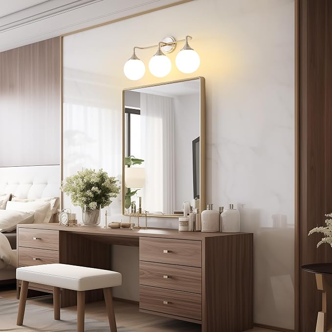 Brushed Nickel Bathroom Light Fixtures Over Mirror Vanity 3-Light | Mid Century Modern Brushed Nicke Wall Sconce with Milky White Glass Ball Shades for for Bathroom Dressing Table Bedroom