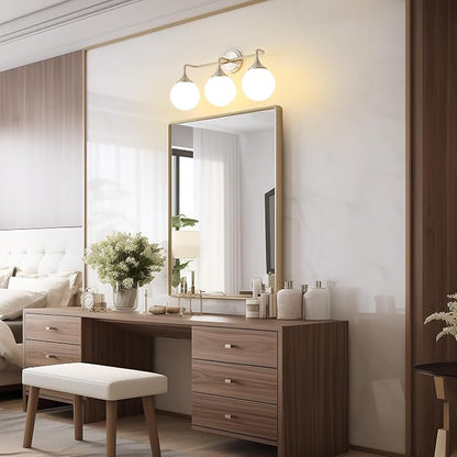Brushed Nickel Bathroom Light Fixtures Over Mirror Vanity 3-Light | Mid Century Modern Brushed Nicke Wall Sconce with Milky White Glass Ball Shades for for Bathroom Dressing Table Bedroom
