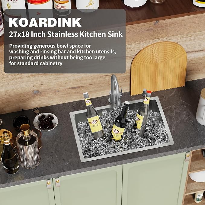 Kitchen And Bar Sink, 27x18 Inch Stainless Steel Undermount Modern Single Bowl Kitchen And Bar Sink Combo-Silicon Mat,Drain Strainer Set Compatibility With Various Kitchen&Bar Style