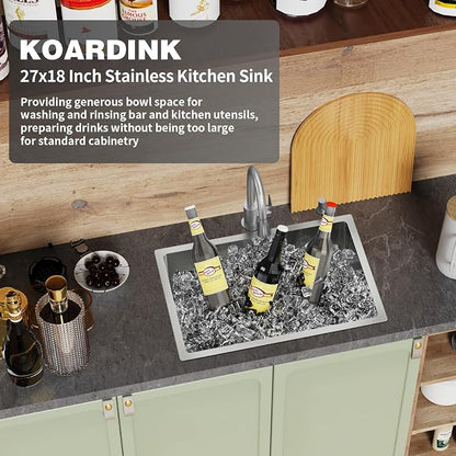 Kitchen And Bar Sink, 27x18 Inch Stainless Steel Undermount Modern Single Bowl Kitchen And Bar Sink Combo-Silicon Mat,Drain Strainer Set Compatibility With Various Kitchen&Bar Style