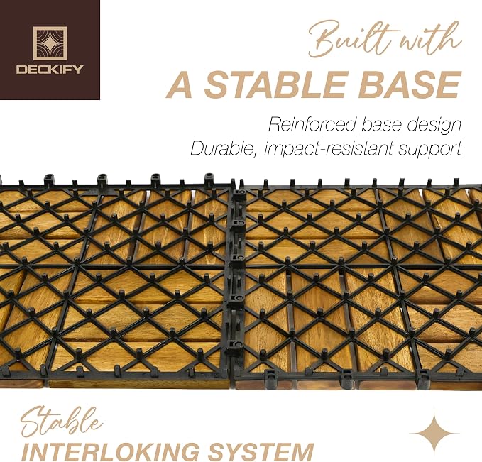 9-Piece Acacia Wood Interlocking Deck Tiles, Golden Teak Crossed | 12-Slat Cross Drainage, Non-Slip Grip, 490 lb Capacity, Protective Oil-Rubbed Finish, Flat-Surface Install, Patio Ready