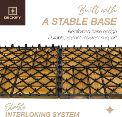 9-Piece Acacia Wood Interlocking Deck Tiles, Golden Teak Crossed | 12-Slat Cross Drainage, Non-Slip Grip, 490 lb Capacity, Protective Oil-Rubbed Finish, Flat-Surface Install, Patio Ready