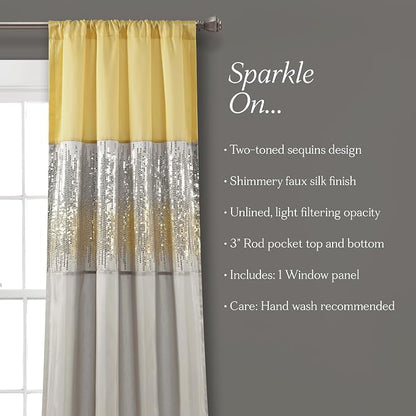 Lush Decor Night Sky Window Curtain Panel, Single 42"W x 84"L Yellow & Gray - Sequin Backdrop Curtain - Room Darkening Curtains For Bedroom - Glam Decor