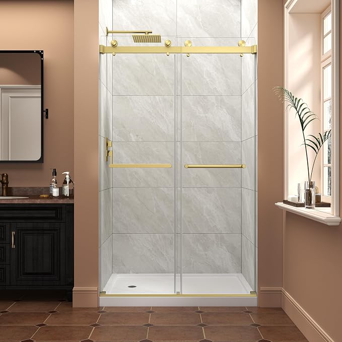 43"-48" W x 76" H Frameless Shower Door,Sliding Shower Door with 5/16"(8MM) SGCC Clear Tempered Glass,Reversible Installation,Nano Explosion-Proof Film,Waterproof Strip,for Bathroom,Brushed Gold
